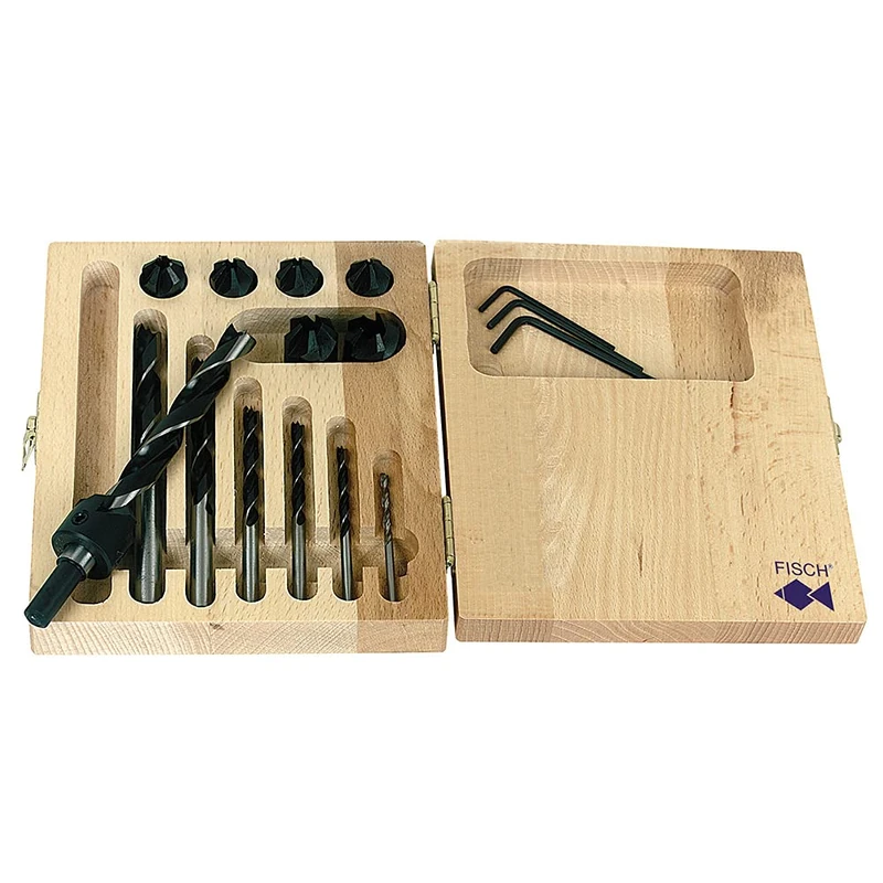 Wood twist drill and HSS countersink set, 14 pieces, diameter 3-4-5-6-8-10-12 mm, in a wooden case - Image 1