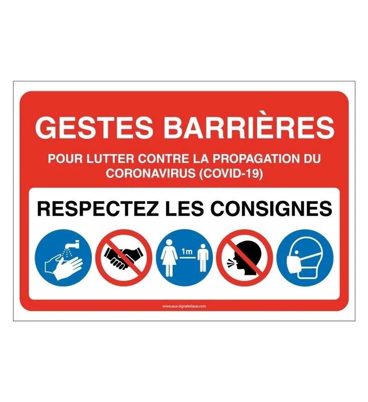 AUA SIGNALETIQUE - Panneau Signalisation : Gestes Barrières et Consignes à Respecter pour l'Accès à l'Etablissement -Rouge - 1200x840 mm, Vinyl Adhésif - Image 1