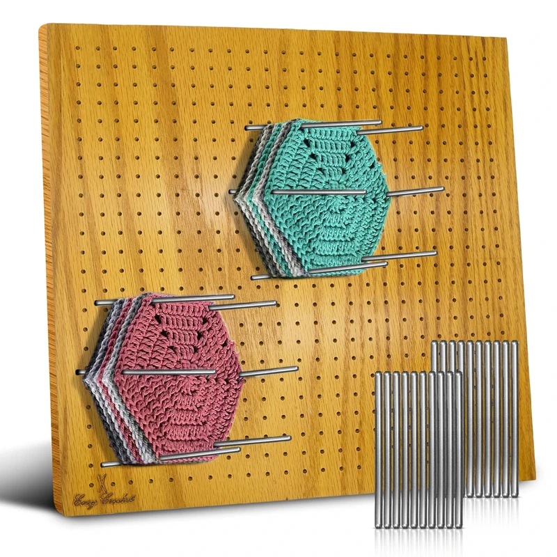 Easy Crochet - Blocking Board for Crochet and Knitting - Wooden Blocking Mats for Knitting 20 Stainless Steel Pins and Pin Holder | Bonus Crochet E-Book - 12 x 12 Inches