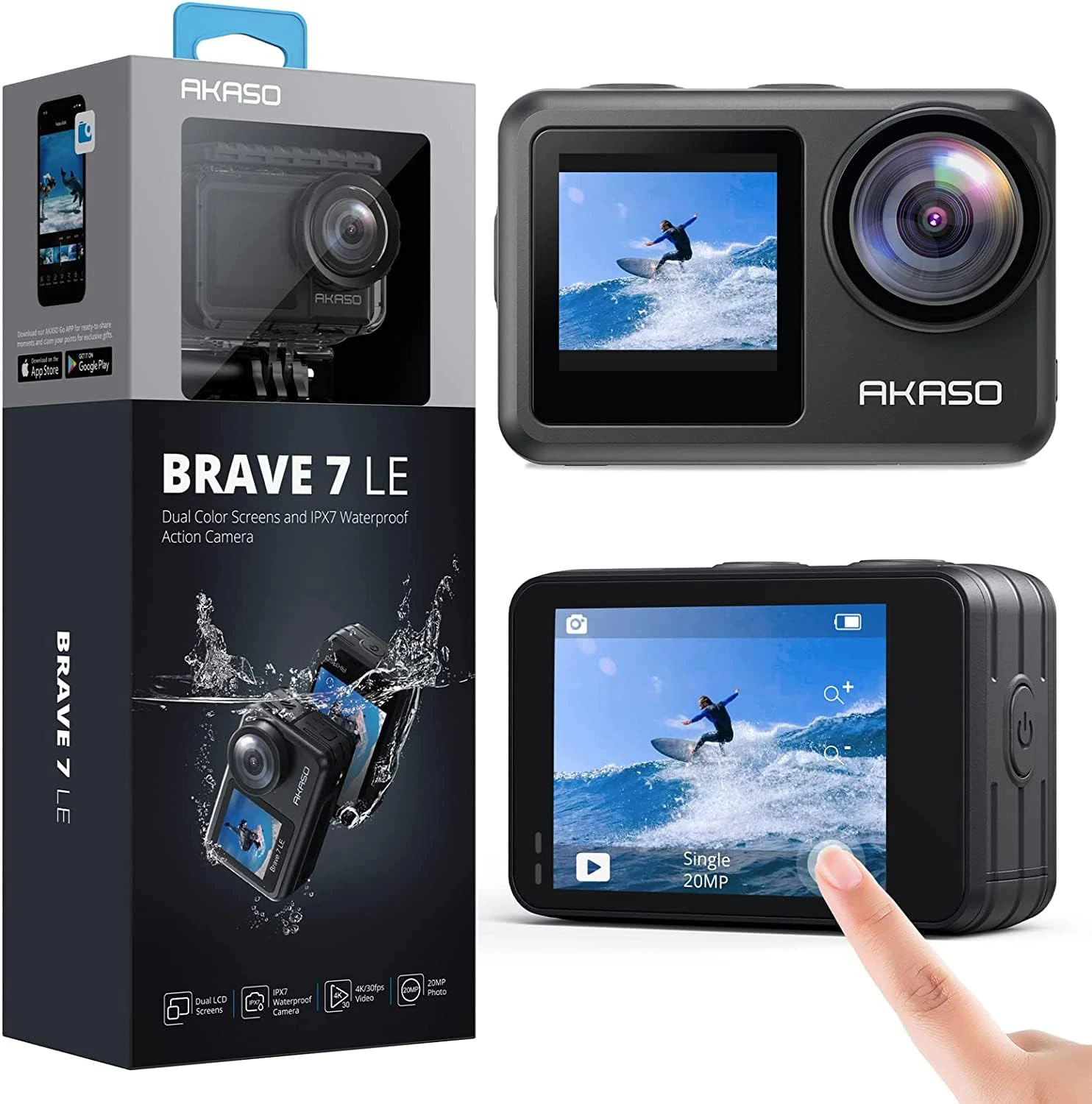 AKASO Brave 7 LE Action Camera, IPX7 Waterproof Navitve 4K 20MP WiFi Sports Camera with Touch Screen, EIS 2.0 Remote Control Underwater 40M Cam with 2X 1350mAh Batteries