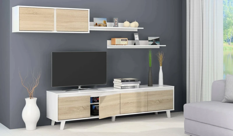 Dmora - Fitted wall Orlando, TV stand for living room, Living room composition with wall unit and shelf, 200x50h41 cm, White and Oak
