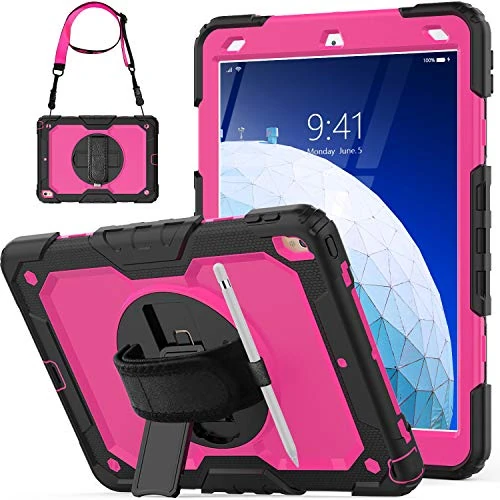 SEYMCY Case for iPad Air 10.5" (3rd Gen) 2019 / iPad Pro 10.5" 2017, 360 Degree Rotating Stand Cover Shockproof Kids Case with Screen Protector/Hand Strap for iPad Air 3/ iPad Pro 10.5, Black/Pink