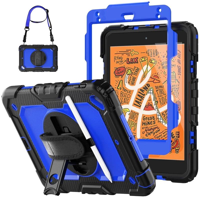 SEYMCY Case for iPad mini 5/4 (7.9-Inch 2019/2015 Model), Full-body Shockproof with Screen Protector, 360° Rotating Hand Strap & Stand, Pencil Holder, Shoulder Strap for iPad mini 5th/4th Gen, Blue