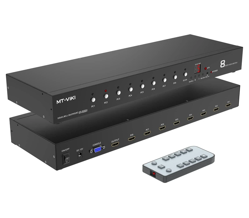 MT-VIKI 4K60Hz 8 Port HDMI Switch 8 in 1 Out with IR Remote Control Auto Scan 1U Rackmount HDR HDCP2.2 RS-232 4:4:4