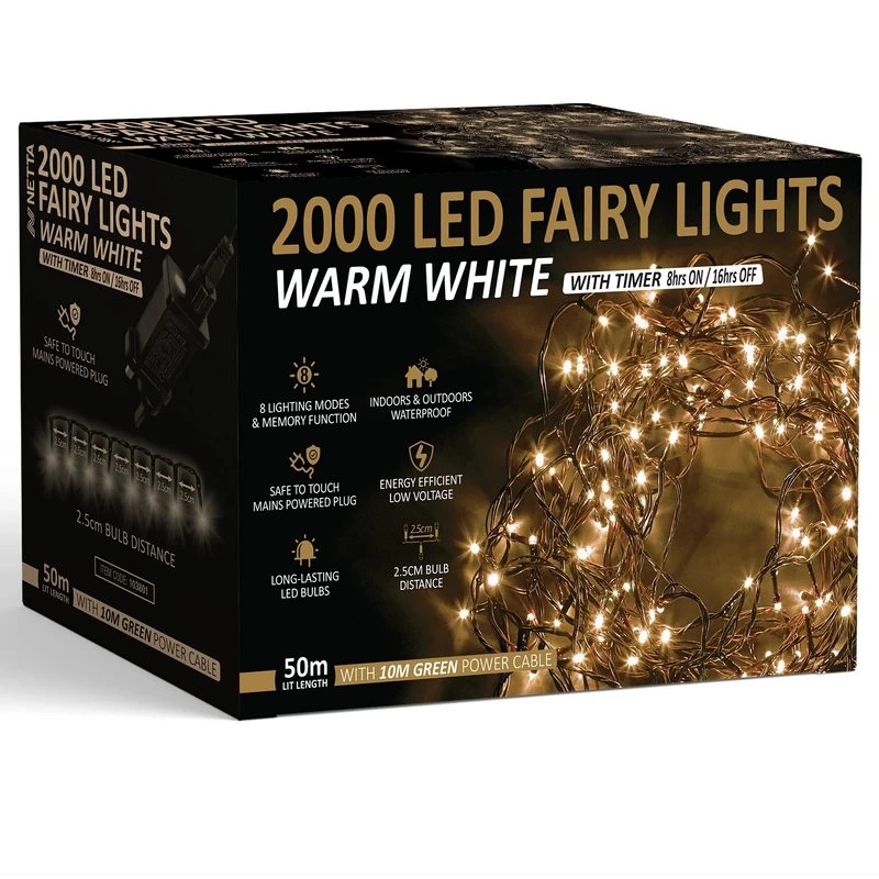 NETTA Christmas Tree Lights 2000 LED 50m Warm White - 2.5cm Bulb Distance Fairy String Lights Plug in with Timer and Memory Functions - Suitable for Outdoor/Indoor Use
