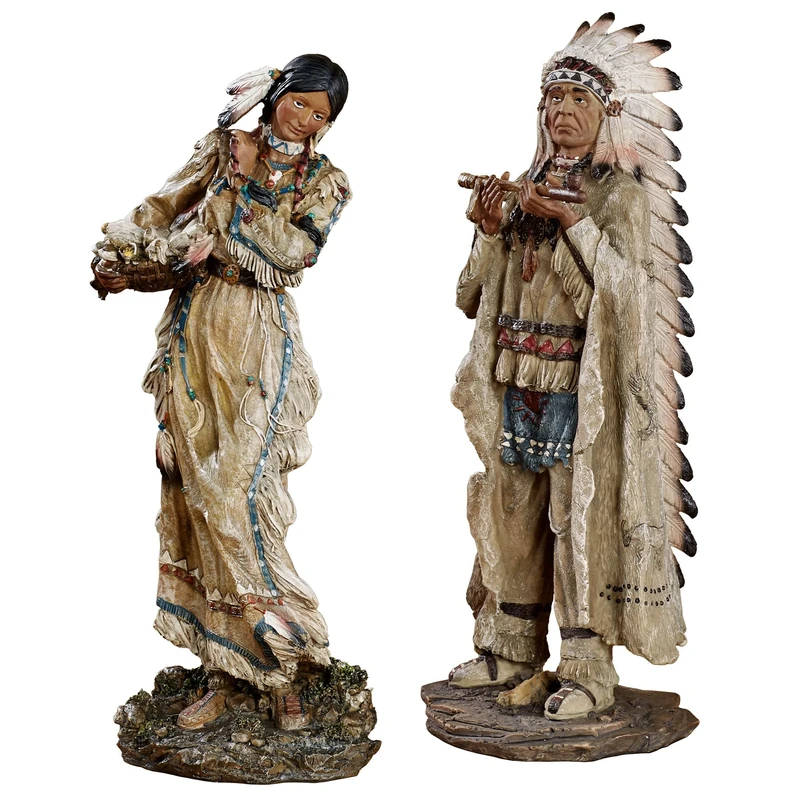 Touch of Class Majestic Tradition Native American Figurines Multi Earth Tones - Set of 2 - Figurine Table Decor for Shelf - Tribal Chief, Woman - Southwestern Style for Living Room, Office Desk