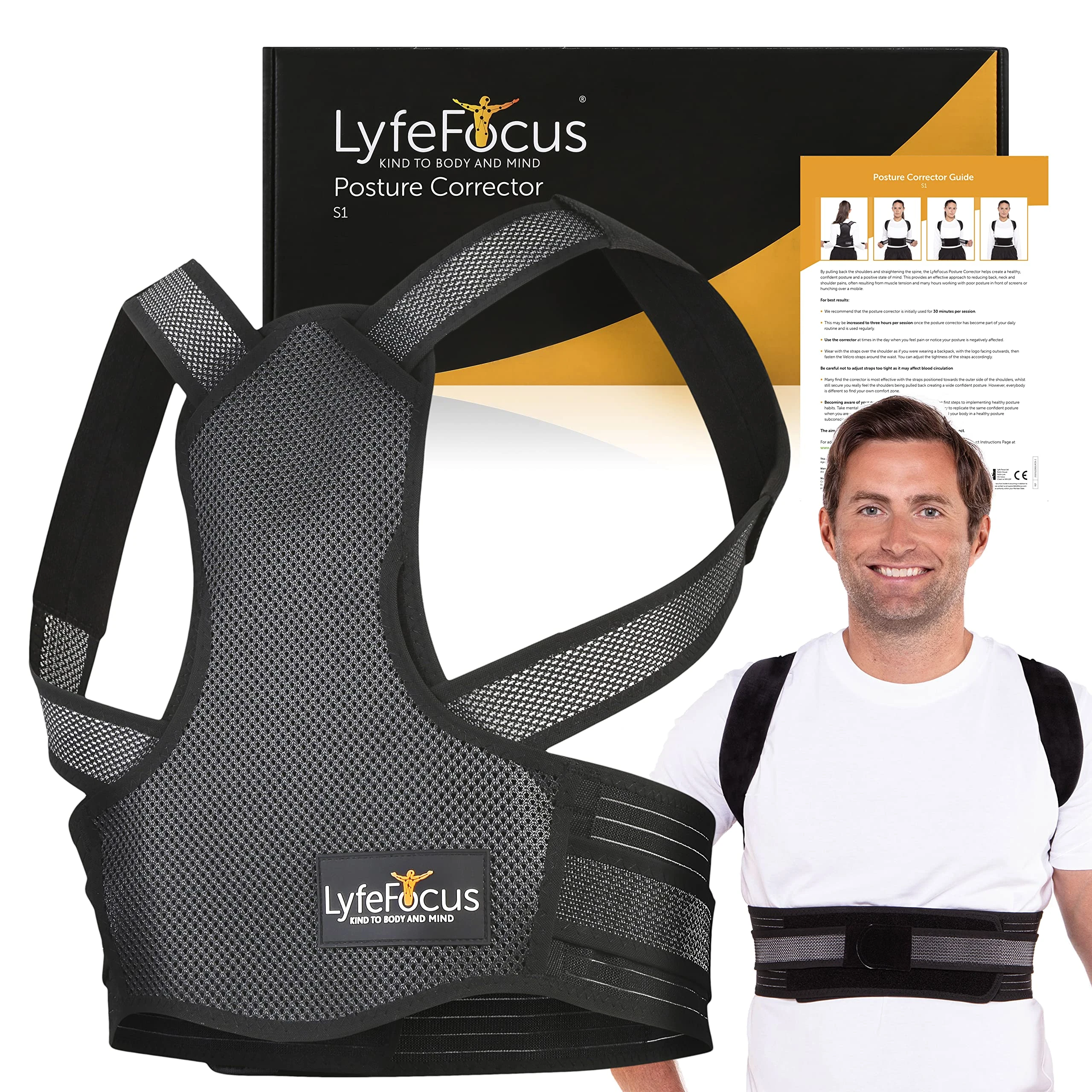 LyfeFocus S1 Premium Breathable Back Posture Corrector for Men & Women - Upper Back Support, Back Brace & Straightener - Effective Posture Correction for Neck, Shoulder & Back Pain (Black, Small)
