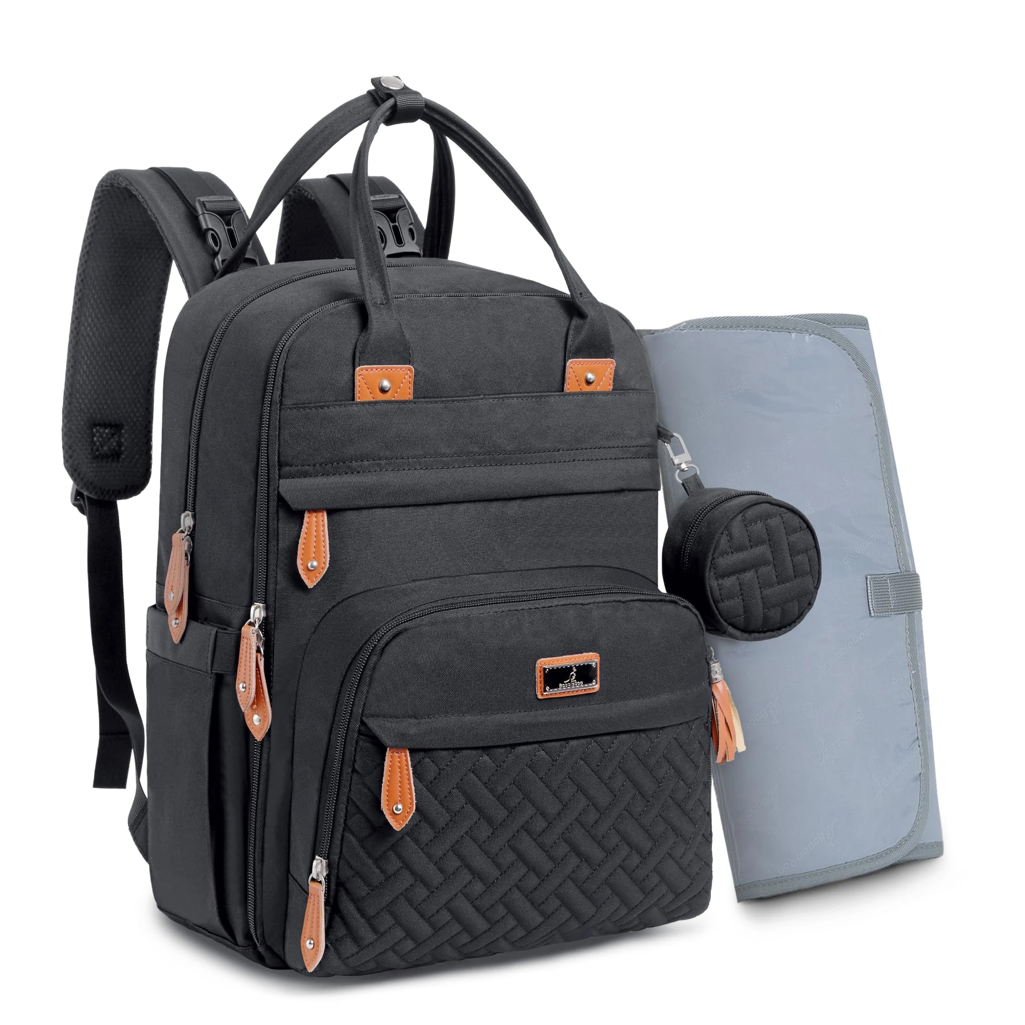BabbleRoo Baby Changing Bag Backpack, Nappy Changing Back Pack Diaper Bags with Changing Mat & Pacifier Holder for Mom & Dad (Black)