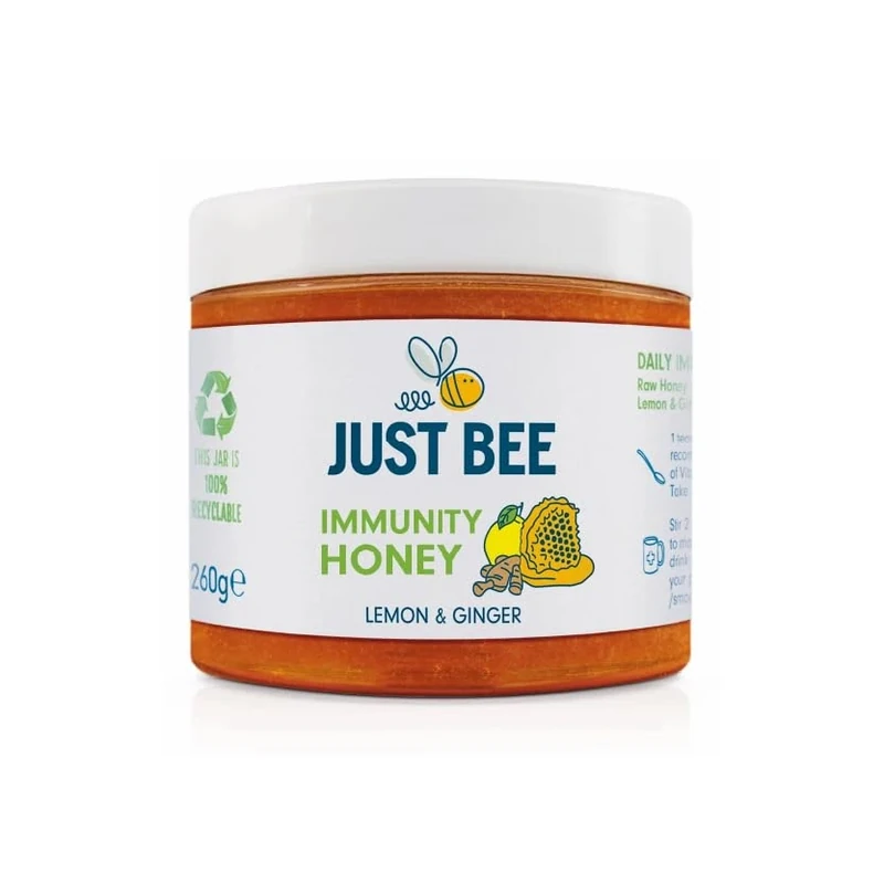 Just Bee Lemon & Ginger Immunity Honey (260g) | Pure natural honey with Vitamin D, C, B6, B12 and Echinacea | Raw and Unpasteurised | Vitamin Rich | For Daily Immune Support
