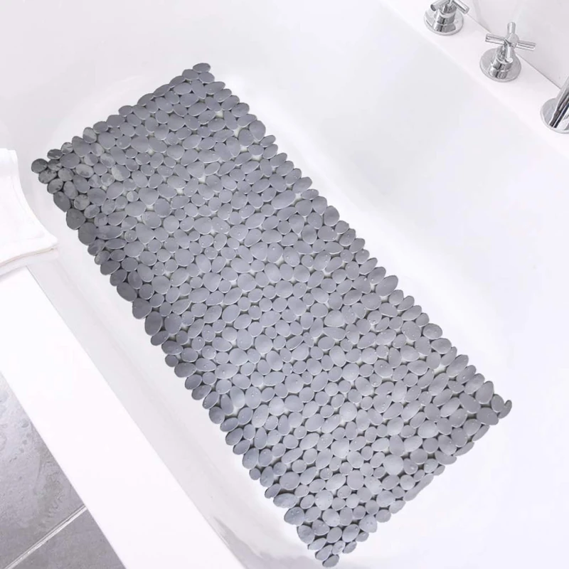 SONGZIMING Pebble Bath Mat 35.4 x 16 Inch for Bathtub Non-Slip Shower with Drain Holes Suction Cups (Grey)