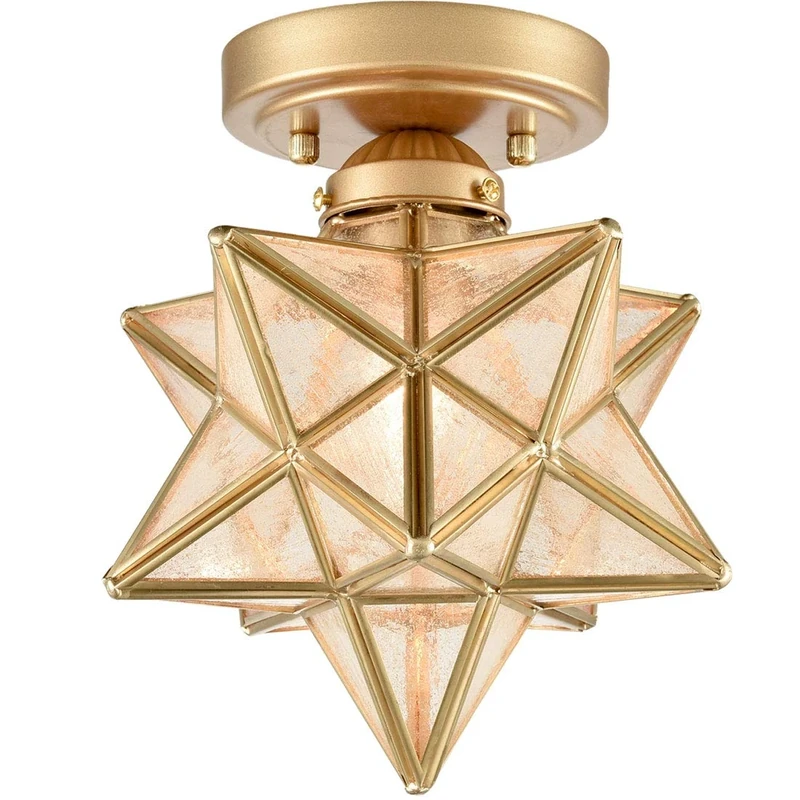 HOLKIRT Brass Modern Moravian Star Ceiling Light Semi-Flush Mount with 8 Inch Seeded Glass