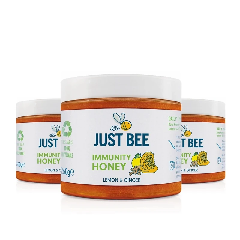 Just Bee Lemon & Ginger Immunity Honey (3 x 260g) | Pure natural honey with Vitamin D, C, B6, B12 and Echinacea | Raw and Unpasteurised | Vitamin Rich | For Daily Immune Support