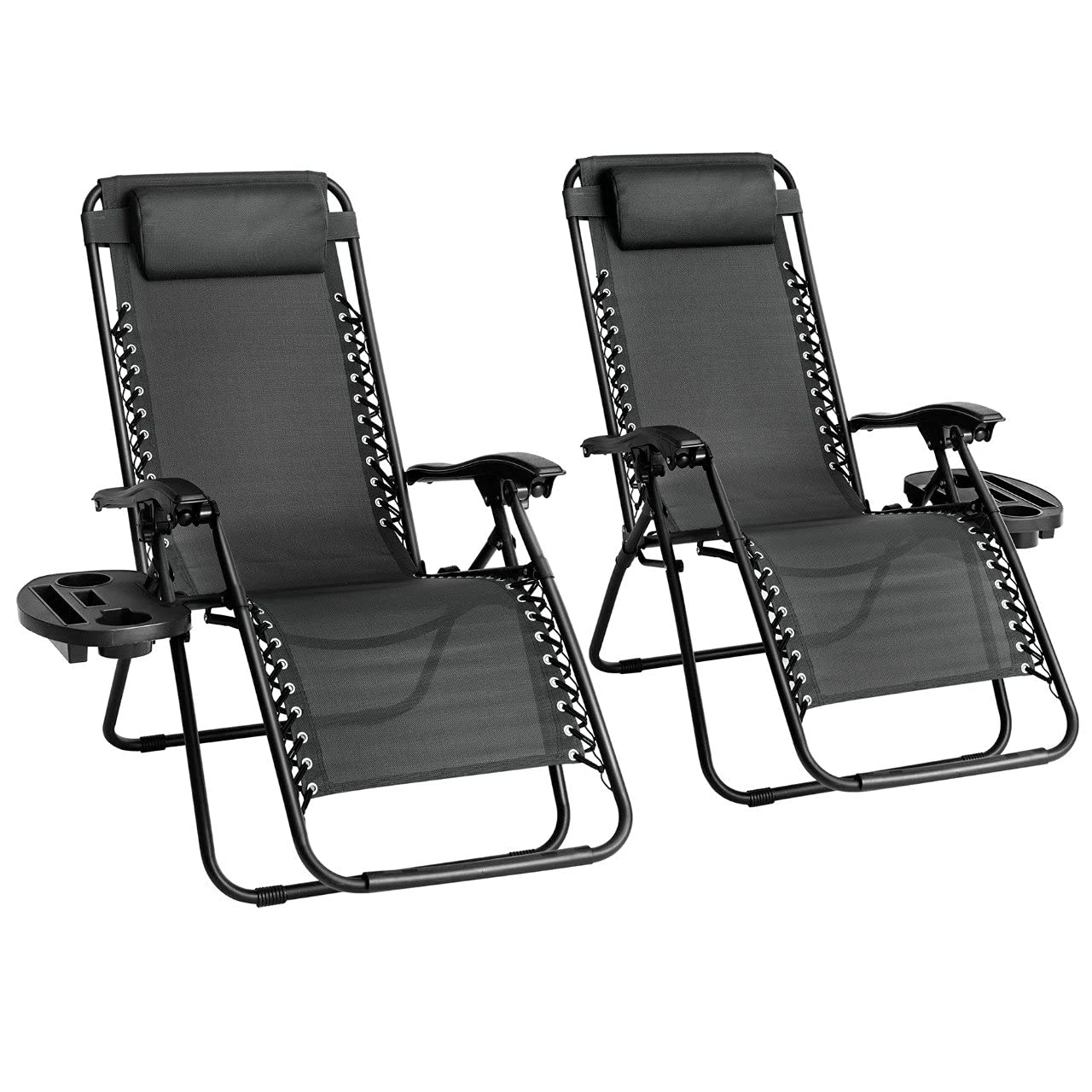 Straame Garden | Zero Gravity Chair | Set of 2 | Heavy Duty Textoline | Outdoor & Garden Sunloungers | Reclining & Folding Chair with Cup Holder and Headrest Pillow