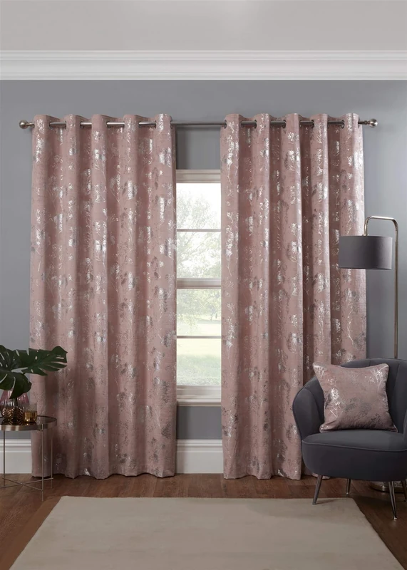 Osaka Japanese Eyelet Curtains 90 x 72 Blush Lined Metallic Velvet Trees