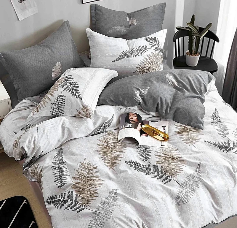 SLEEPBELLA Duvet Cover Set King Size White & Grey Leaf 100% Cotton Reversible Botanical Comforter Cover 3 Pcs