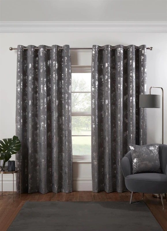 Osaka Japanese Eyelet Curtains 66 x 54 Silver Lined Metallic Velvet Trees