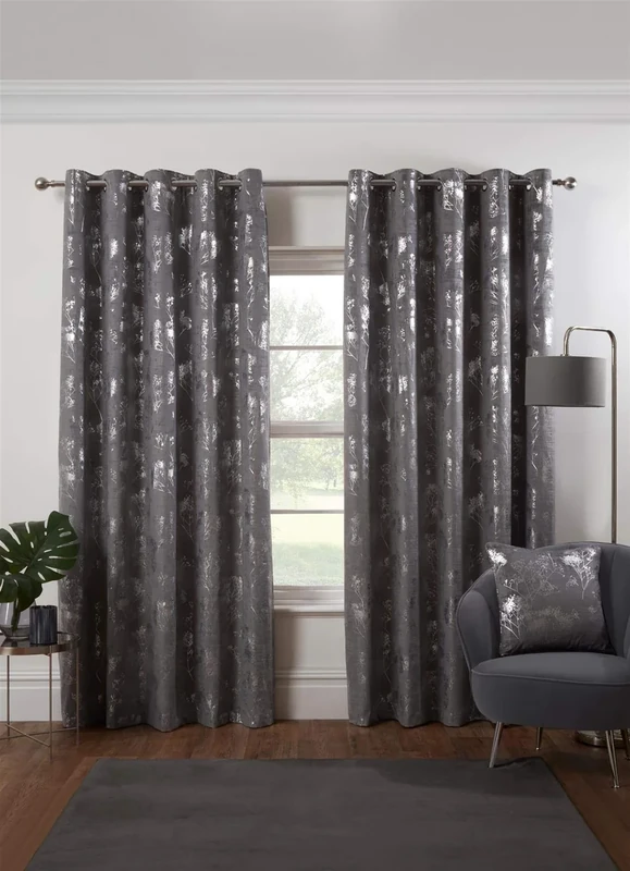 Osaka Japanese Eyelet Curtains 66 x 90 Silver Lined Metallic Velvet Trees