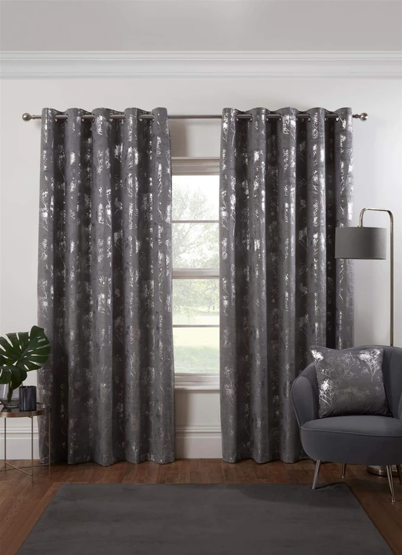 Osaka Japanese Eyelet Curtains 90 x 72 Silver Lined Metallic Velvet Trees