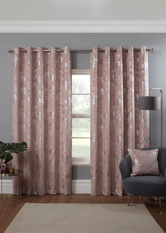 Osaka Japanese Eyelet Curtains 90 x 90 Blush Lined Metallic Velvet Trees