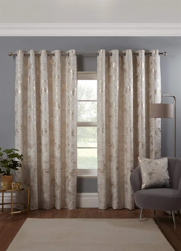 Osaka Japanese Eyelet Curtains 66 x 90 Natural Lined Metallic Velvet Trees