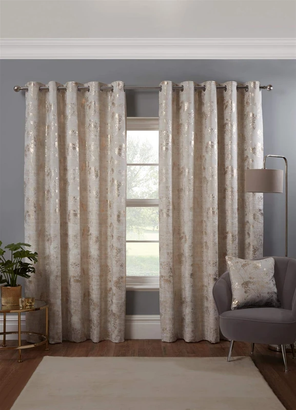 Osaka Japanese Eyelet Curtains 90 x 54 Natural Lined Metallic Velvet Trees