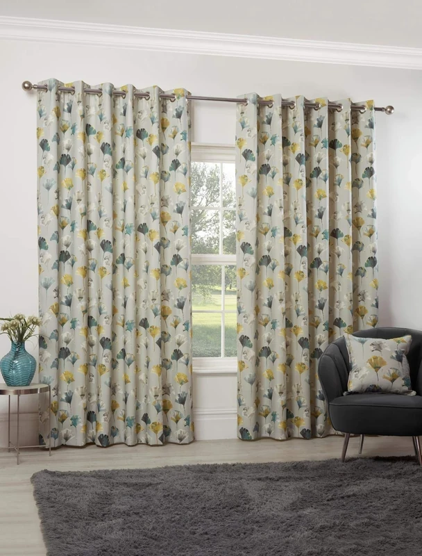 Camarillo Floral Eyelet Curtains 90 x 72 Ochre Lined Watercolour Flowers