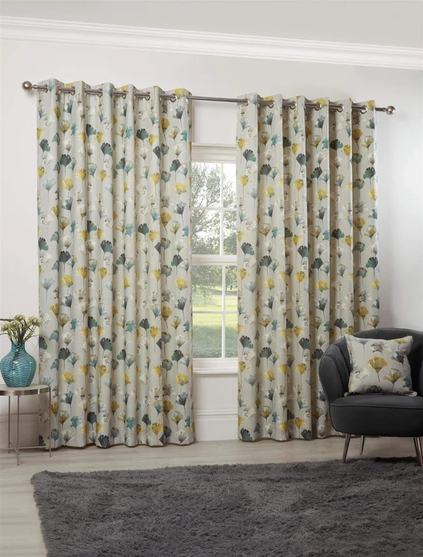 Camarillo Floral Eyelet Curtains 46 x 72 Ochre Lined Watercolour Flowers