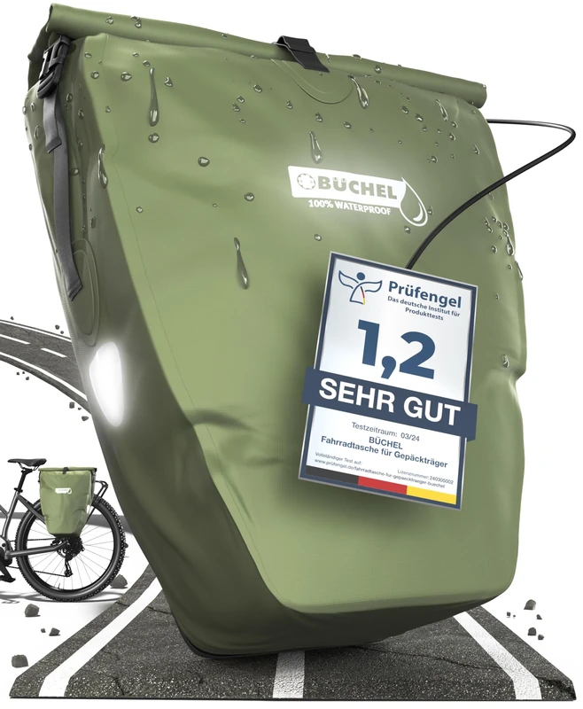 Büchel Bicycle Pannier Rack Bag, 25.4 L, 100% Waterproof, Forest Green with Shoulder Strap