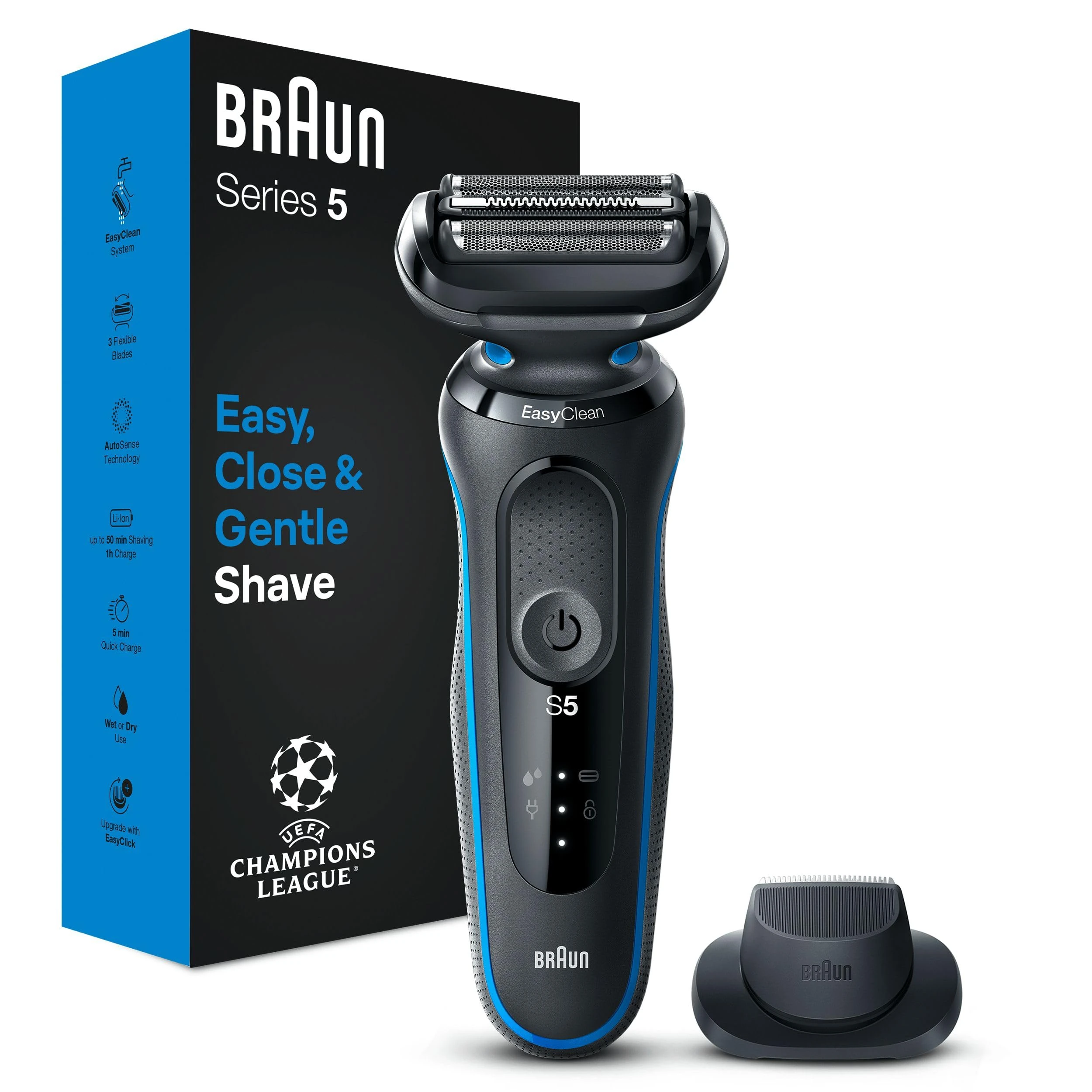 Braun Series 5 Electric Shaver, with Precision Trimmer Attachment for Moustache & Sideburns Trimming, 100% Waterproof, 2 Pin Bathroom Plug, 50-B1200s, Blue Razor