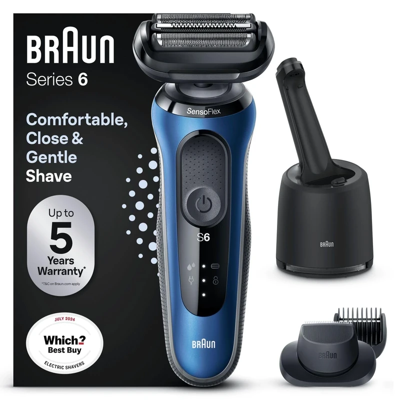 Braun Series 6 Electric Shaver for Men with Beard Trimmer, Precision Trimmer and SmartCare Centre, Wet and Dry, UK 2 Pin Plug, 60-B7500cc, Blue Razor