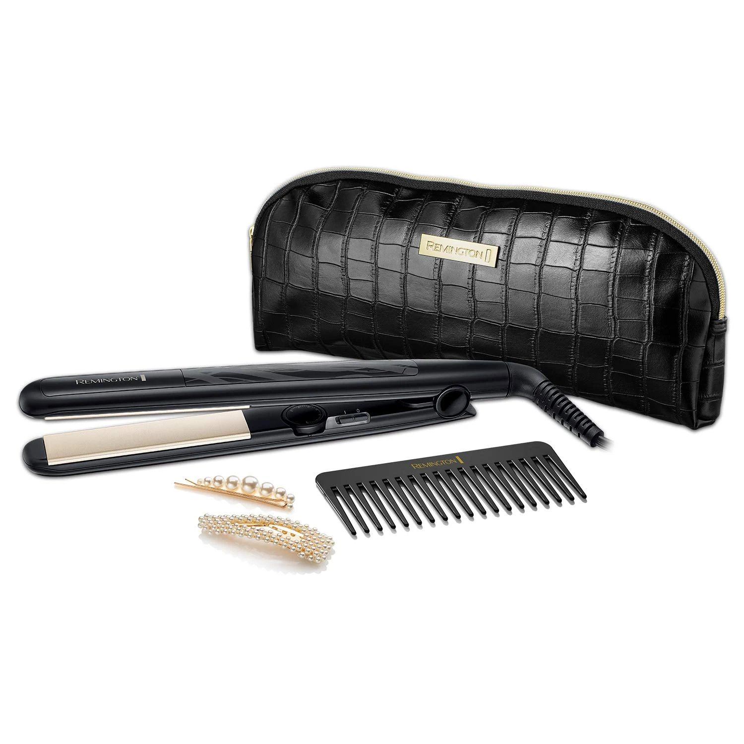 Remington Ceramic Style Edition Hair Straightener Gift Set - Includes Hair Comb, 2 x Clips and Storage Pouch - S3505GP, Black