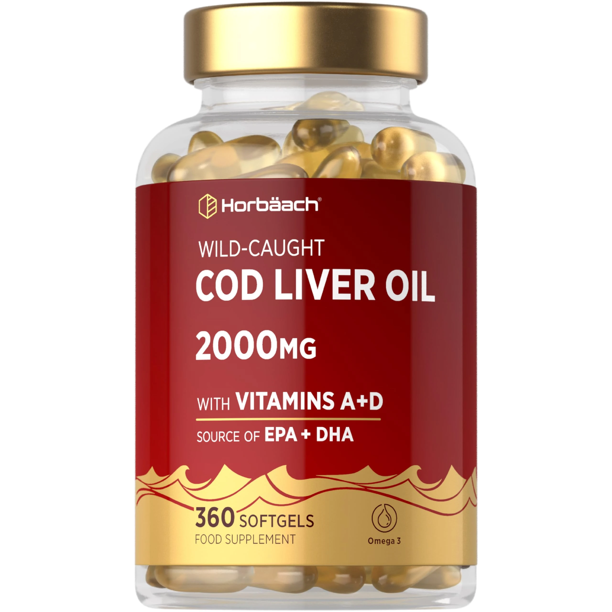 Cod Liver Oil Capsules High Strength | 2000mg | 360 Count | with Omega 3, Vitamin D and A | with 171mg of DHA and 151mg of EPA | Rich in Omega 3 Fatty Acids | by Horbaach