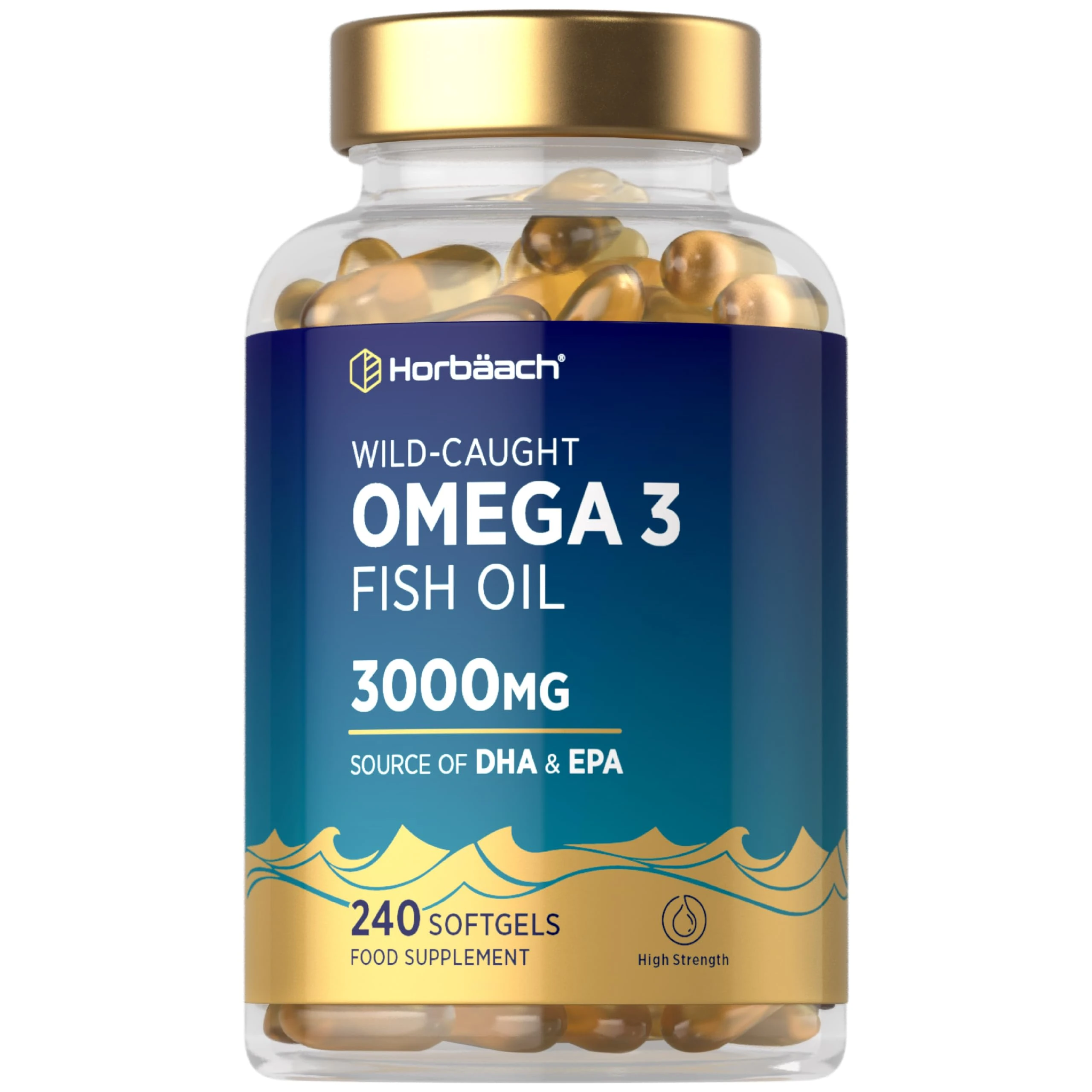 Omega 3 Capsules High Strength Fish Oil | 3000mg | 240 Count | Wild-Caught Fatty Acid Supplement Providing 432mg of EPA and 288mg of DHA | by Horbaach