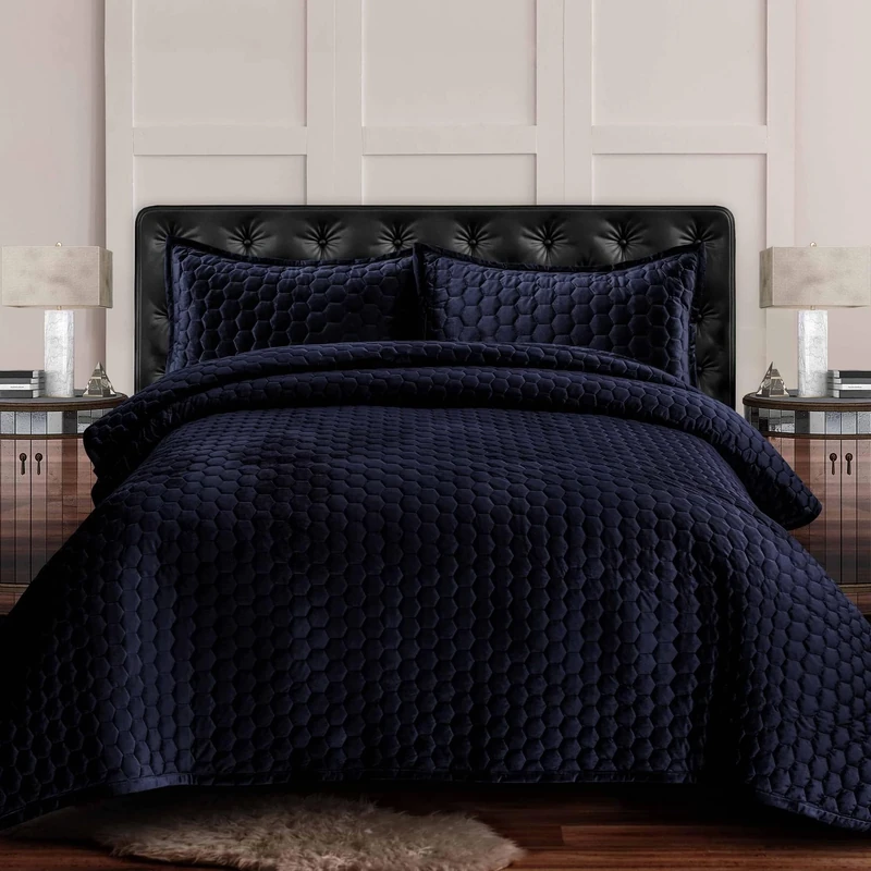 Tribeca Living Lugano Velvet Oversized Quilt Set, Indigo, Twin