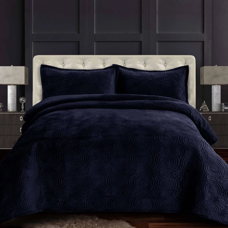 Tribeca Living Velvet Oversized Quilt Set, Indigo, King