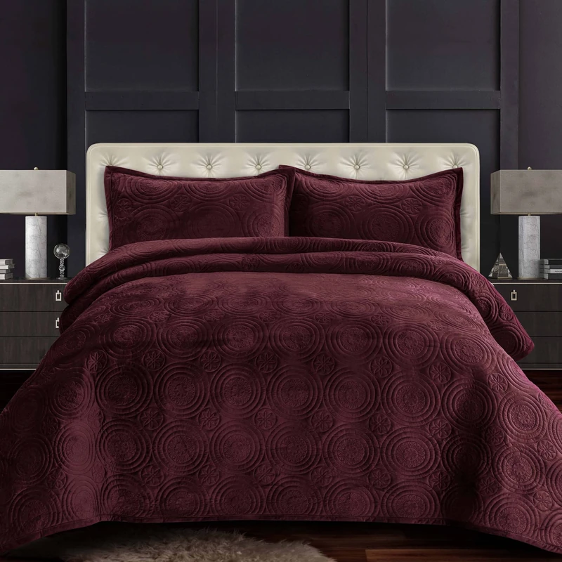 Tribeca Living Velvet Oversized Quilt Set, Plum, Queen