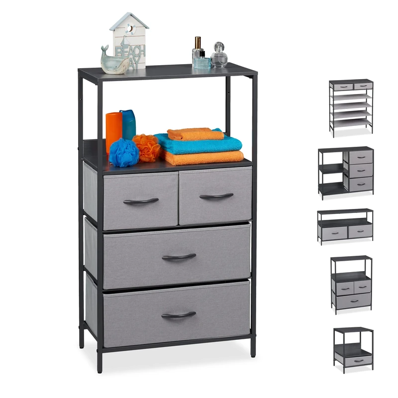 Relaxdays Tall Chest of Drawers, 2 Shelves, Hallway, Bedroom, MDF, Steel, Fabric Chest of Drawers, 103 x 58 x 30 cm, Grey, Design B