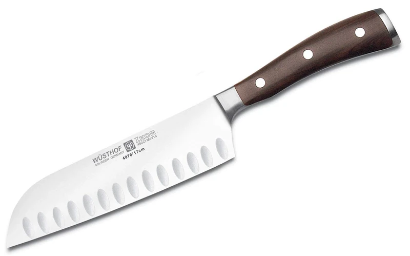 Wüsthof Ikon 7 Inch Hollow Edge Santoku Knife, Black, Silver