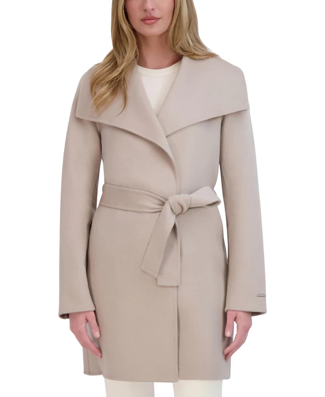 Tahari Women's Wool Wrap Coat with Tie Belt Jacket, Soft Almond, M