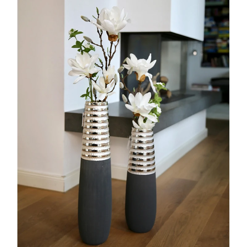 GILDE Newtown Decorative Vase Floor Vase Ceramic Vase Grey Matt Silver Shiny Vase Large Height 50 cm Width 15 cm