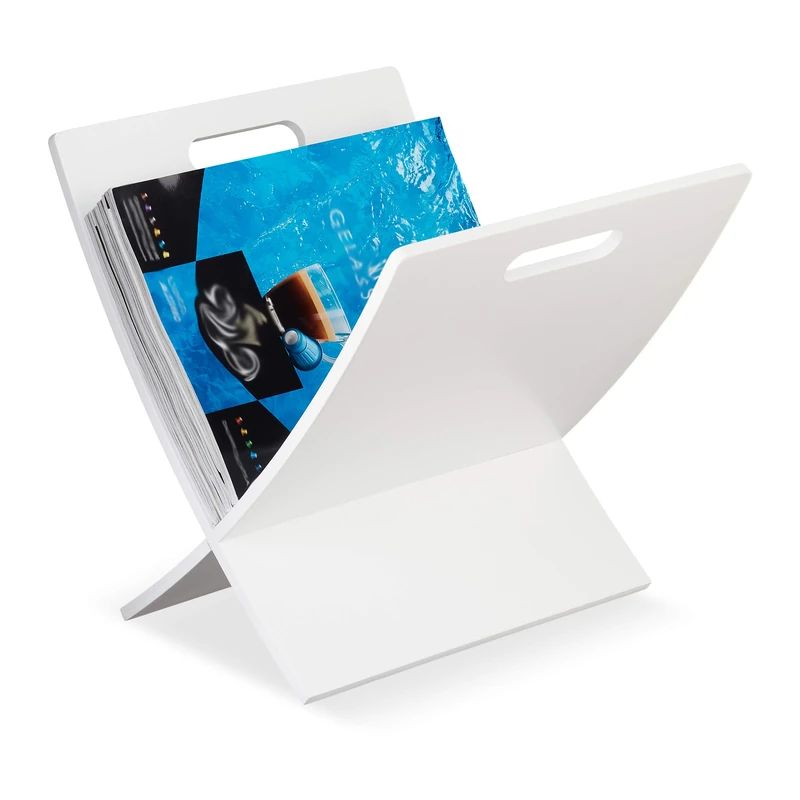 Relaxdays Newspaper Stand, Magazine Holder, Letter, Document, Storage, Decor, Handle, Wood, HxWxD: 31 x 30 x 34cm, White, Fibreboard, 31 x 30 x 34 cm