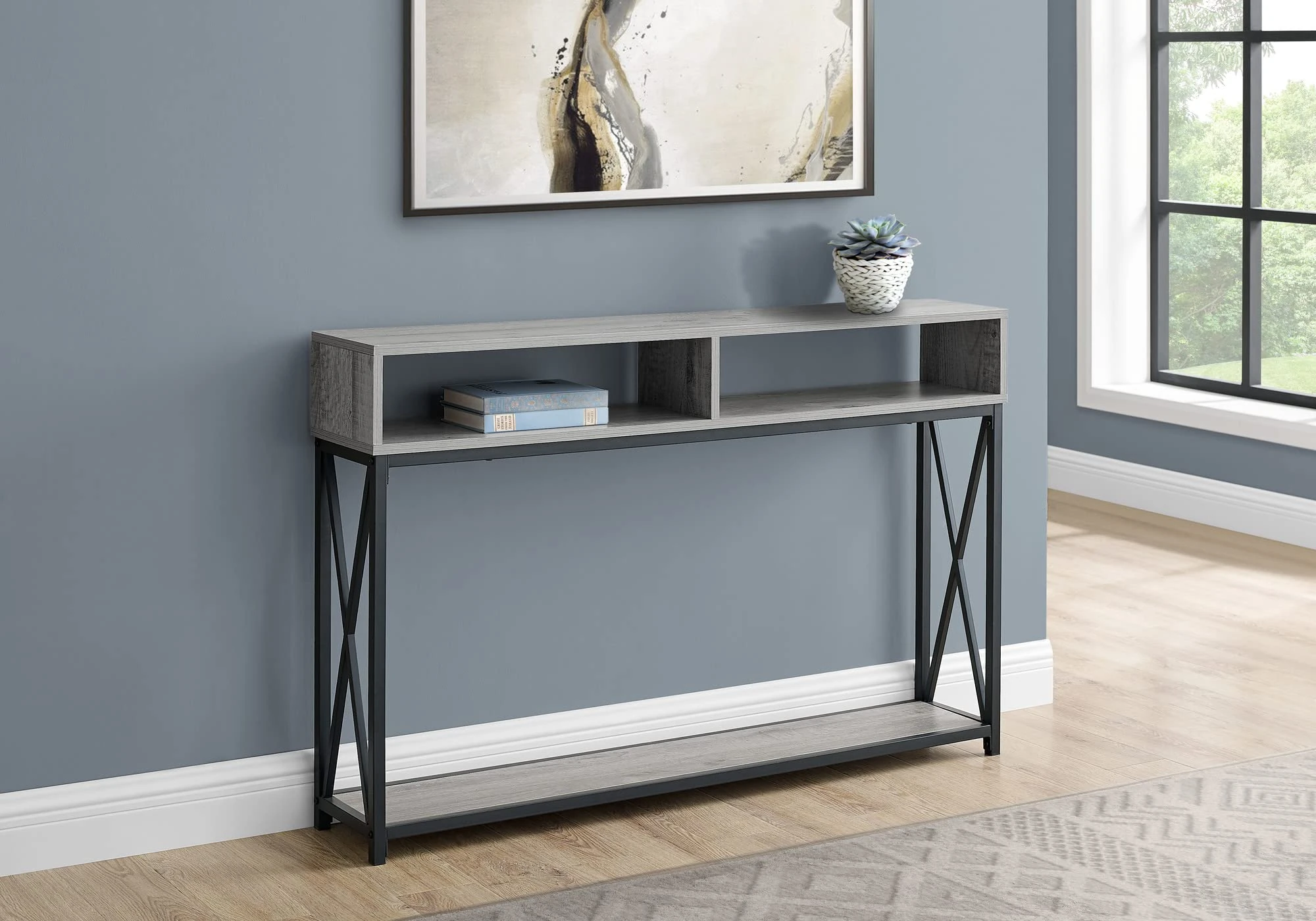 Monarch Specialties 3572 Accent Table, Console, Entryway, Narrow, Sofa, Living Room, Bedroom, Metal, Laminate, Grey, Black, Contemporary, Modern Table-48 Hall, 47.25'' L x 9'' W x 30.5'' H