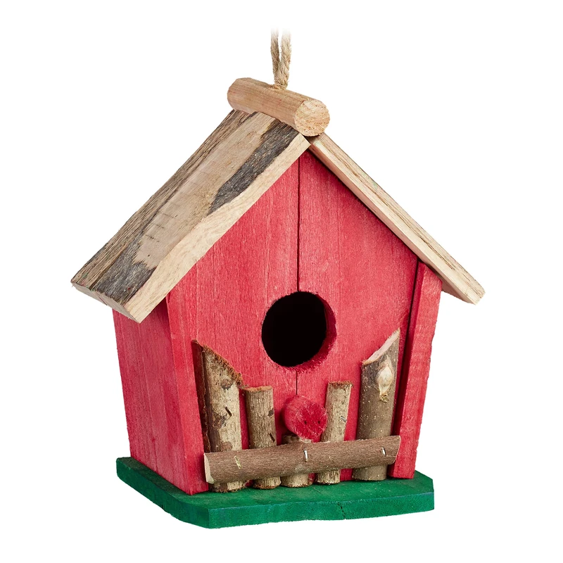 Relaxdays Bird House, Wooden Nesting Box, Decorative Shelter, H x W x D: 18 x 17 x 11 cm, Wood, Red