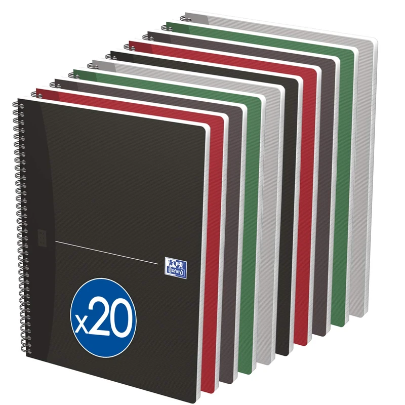 Oxford Pack of 20 Office Essentials A4 Small Squares 5 mm 180 Pages Integral Bound Card Cover Assorted Colours