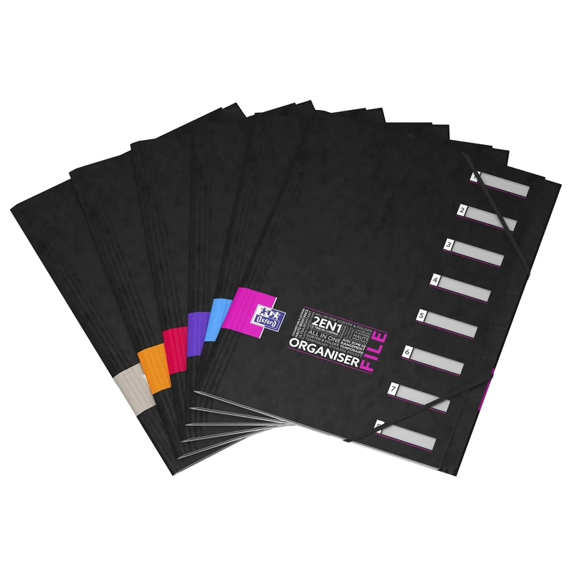 Oxford OrganiserFile - 8 Compartments - A4 Size - Elastic Closure - Laminated Card Cover - Random Colour