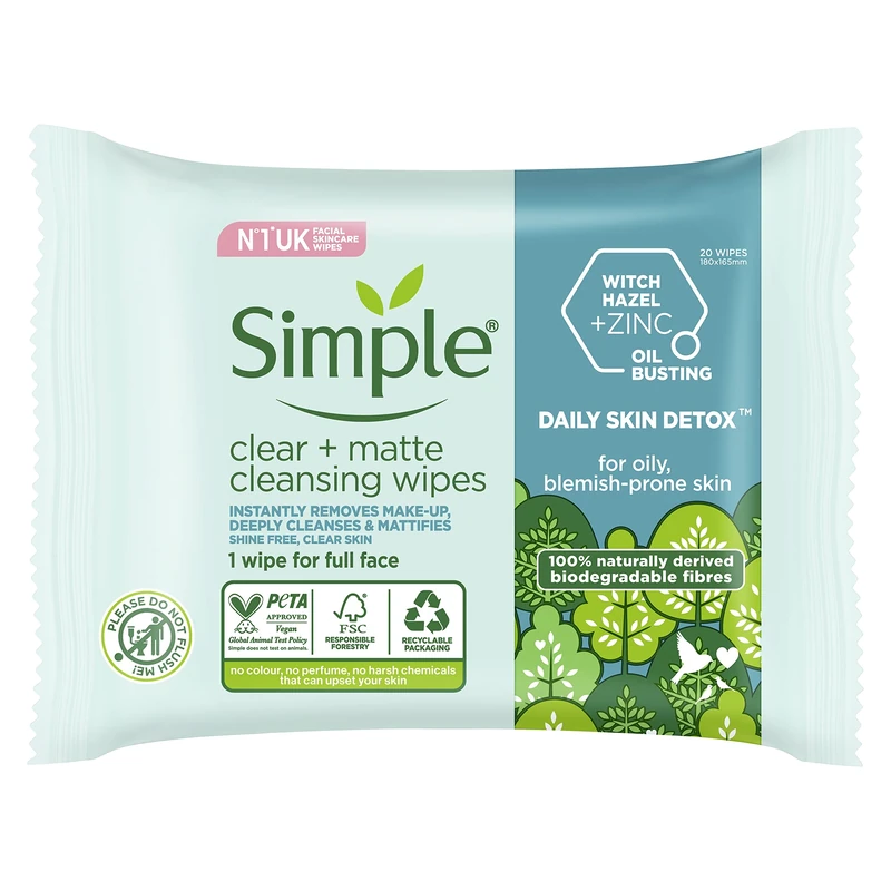 Simple Daily Skin Detox Clear + Matte Biodegradable Wipes with vitamin B3 cleansing make-up remover for oily skin 20 wipes