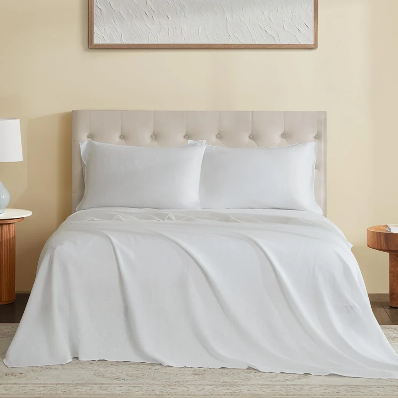 DAPU Pure Linen Sheets Set 100% French Natural Linen European Flax (Queen, Off White, Flat, Fitted and 2 Pillowcases)