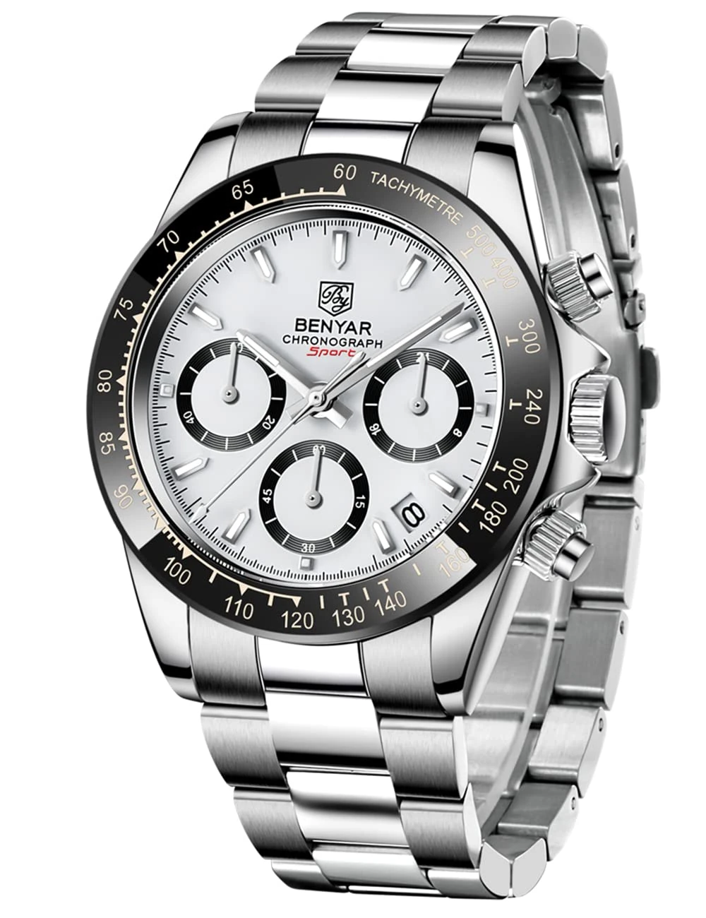 Men's Watch BENYAR Quartz Wrist Watch Analog Chronograph Business Waterproof and Scratch Resistant Stainless Steel Strap Leisure Sports Watches for Men（All White）