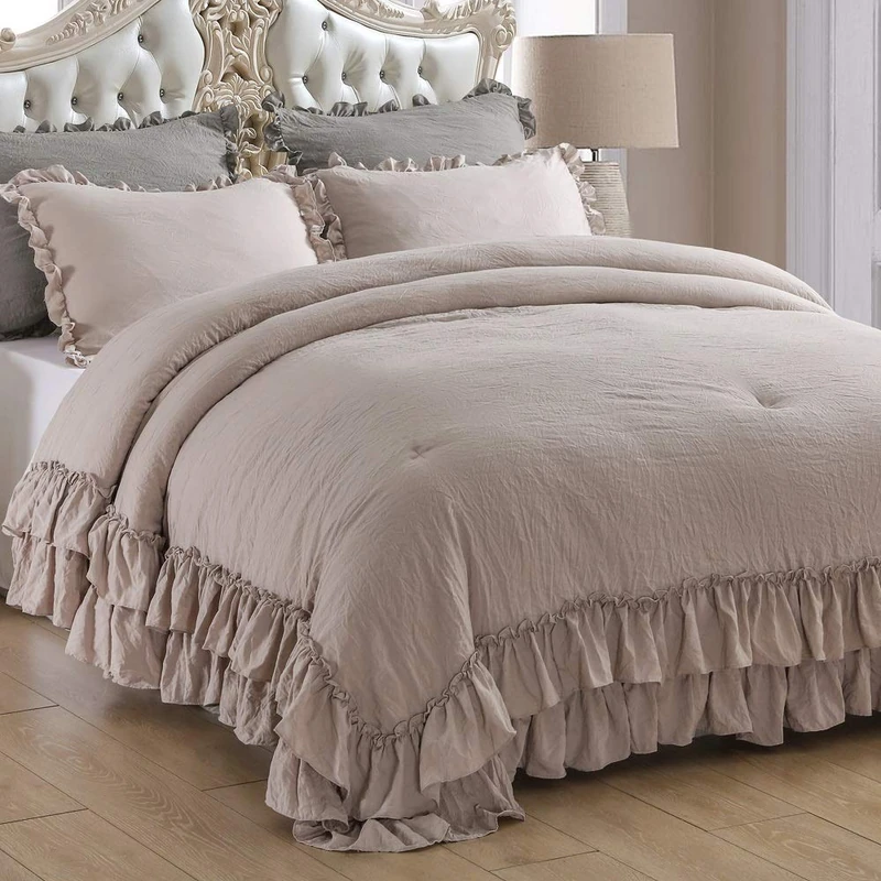 QSH Ruffled Comforter Set Queen Size, 3pcs Taupe Shabby Boho Chic Bedding Comforter Sets, Ultra Soft Farmhouse Lightweight Microfiber Inner Fill Bed Comforter Set
