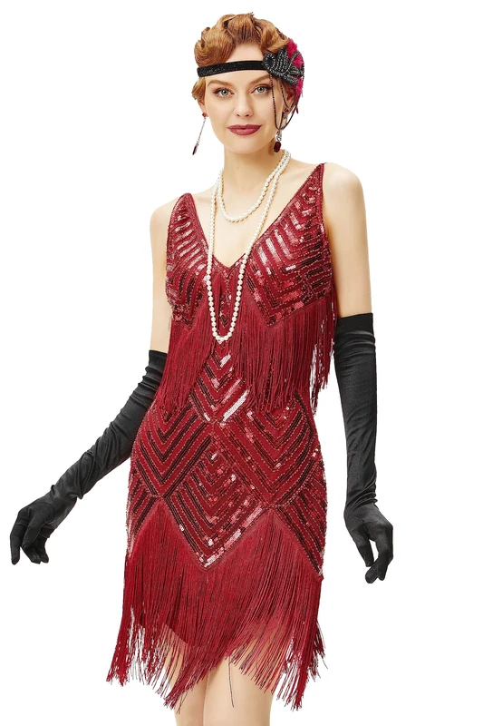 BABEYOND Women's 1920s Flapper Dress V Neck Slip Dress Roaring 20s Great Gatsby Dress for Party - - Small